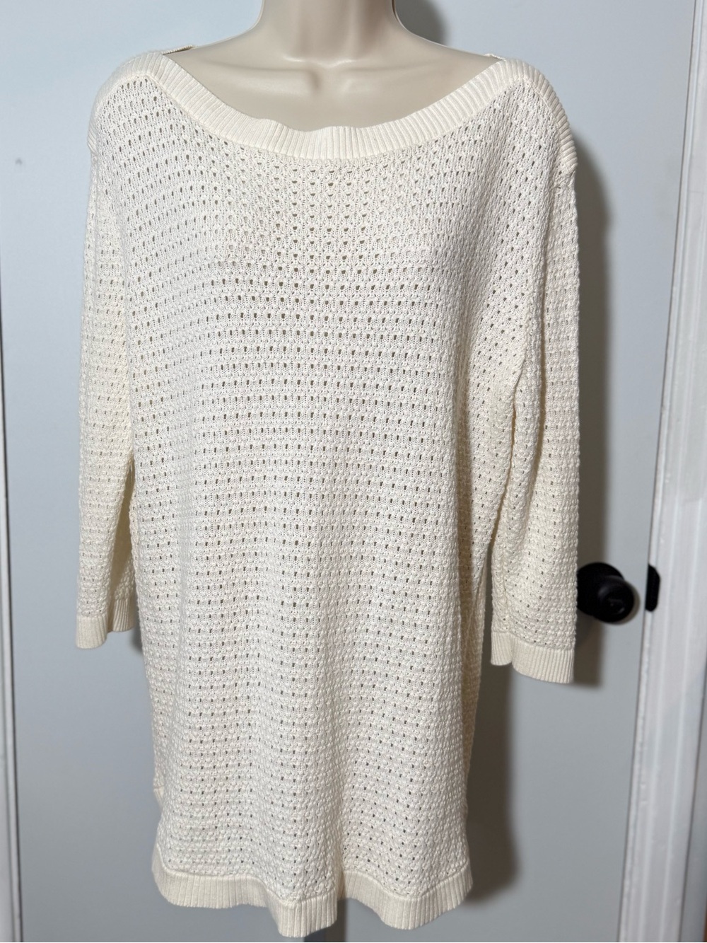 Women’s Tommy Hilfiger Ivory Open Knit Cotton 3/4 Sleeve Boat Neck Sweater Sz XL